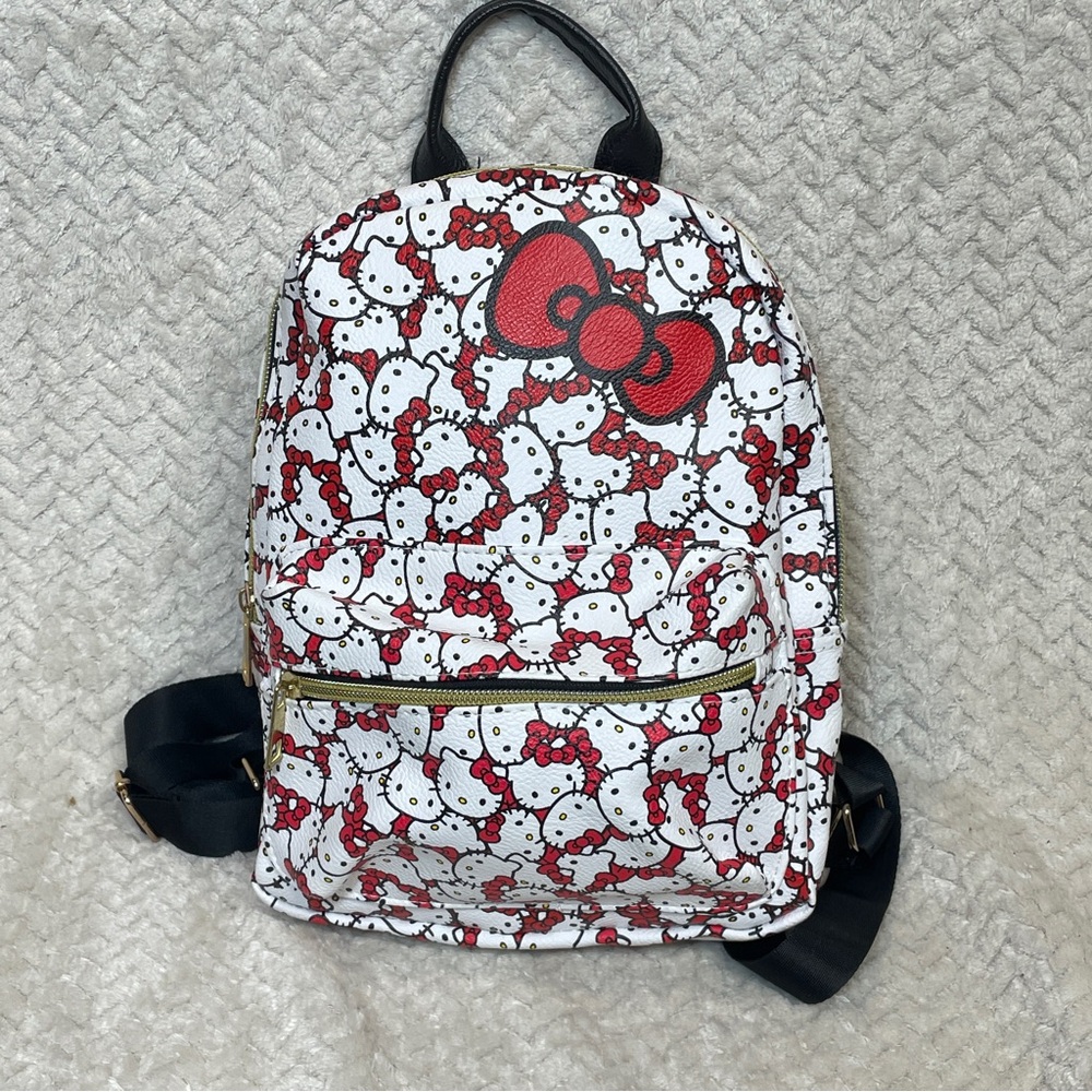 Sanrio Hello Kitty‎ White Leather Mini Backpack Black Pattern Red Bow Kawaii